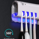 Aplicador de pasta de dente com suporte para dispensador automático de escovas e esterilizador UV.
