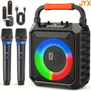 Maquina de Karaokê T17 Caixa de Som Bluetooth portátil, luzes coloridas RGB e vem com 2 microfones sem fio.
